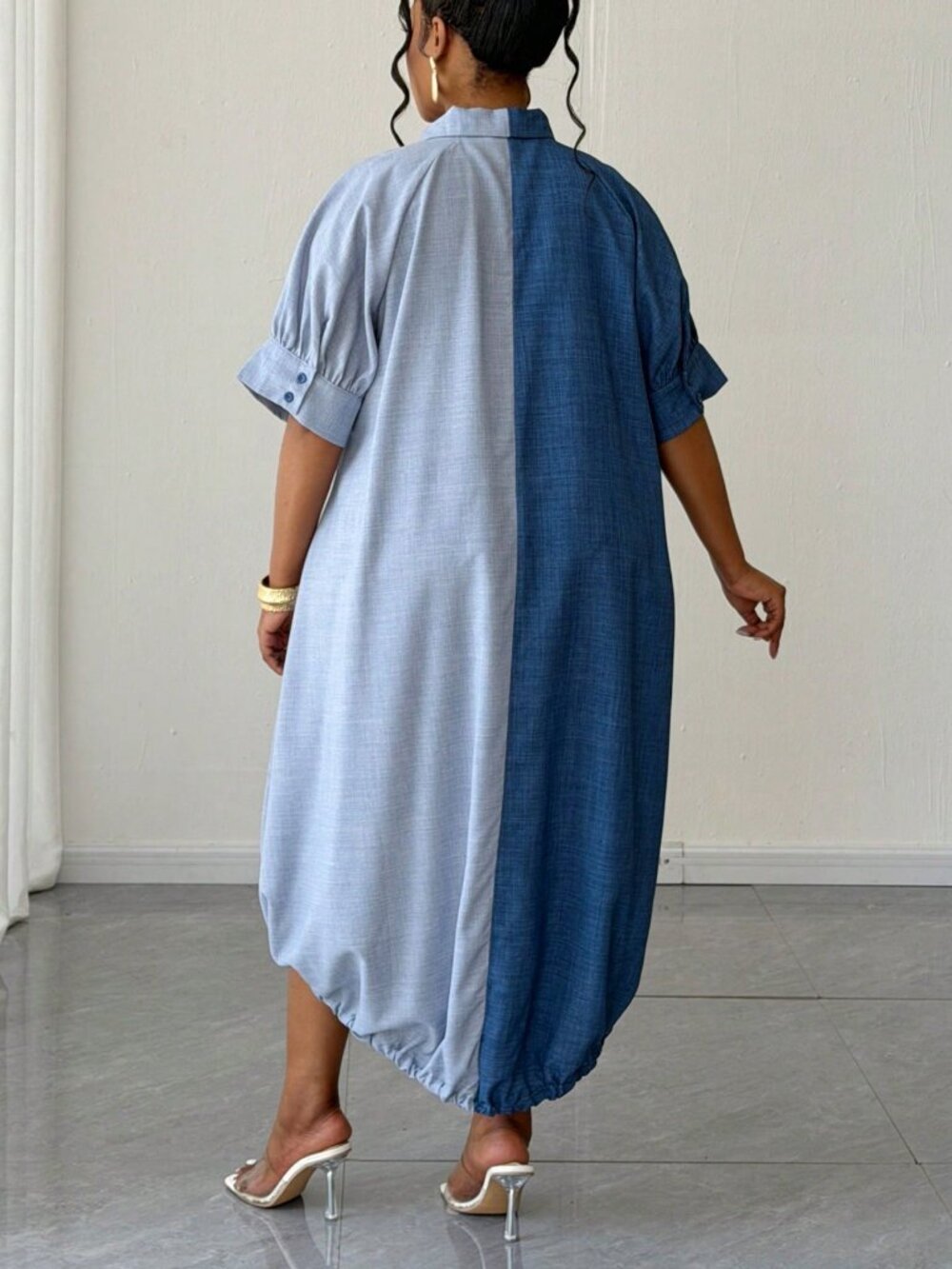 Blue Casual Women's Plus Size Short Sleeve Single-Breasted Shirt Dress - Picture 2 of 6